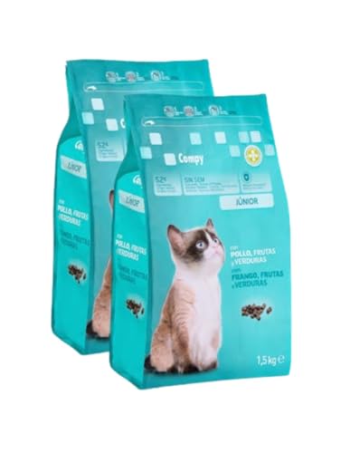 Pienso Junior para Gatitos, con Pollo, Frutas y Verduras, Pack 2 x 1,5 kg, 3 kg Total - Compy