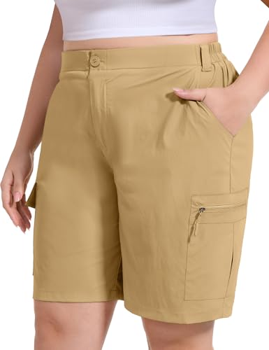 FOREYOND Plus Size Hiking Shorts for Women Quick Dry Lightweight Bermuda Shorts with Pockets Casual Summer, Khaki, 3XL