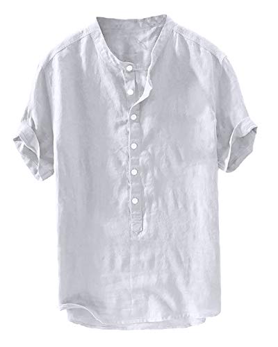 Mens Linen Henley Shirts Short Sleeve Beach Casual Summer Tops Banded Collar Plain Light T Shirt