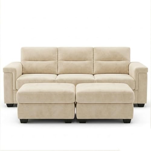 Image of FURNY Parker 3 Seater Sofa Set with 2 Ottomans | Premium Suede Velvet Fabric Finish | Durable Comfort Sofa for Modern Living Room & Office Spaces