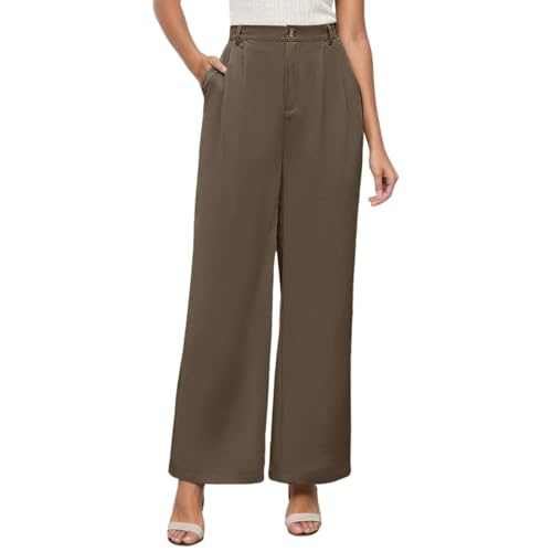 Women's High Waisted Wide Leg Dress Pants Business Casual Trousers with Pockets Flowy Comfortable Work (Coffee, XL)