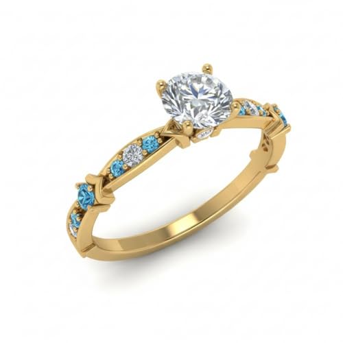 Image of Choose Your Gemstone Petite Pave Diamond CZ Engagement Ring Yellow Gold Plated Round Shape Petite Engagement Rings Minimal Modern Design Birthday Gift Wedding Gift US Size 4 to 12