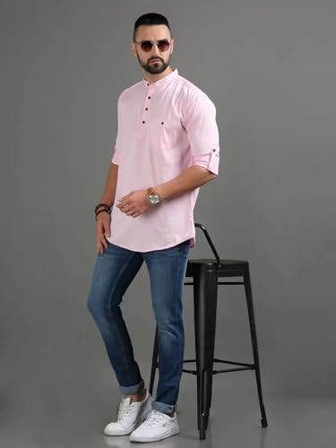 Image of DEEMOON Men's Cotton Blend Full Sleeve Short Kurta with Mandarin Collar Crafted from a Premium Cotton Blend