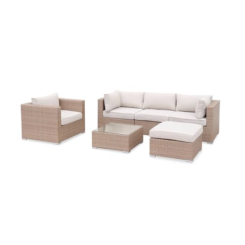 Alice's Garden - Salon de Jardin en résine tressée - Caligari - Beige. Coussins Beige - 5 Places - 1 Fauteuil. 1 Fauteuil sans accoudoir. 1 Pouf. 2 fauteuils...