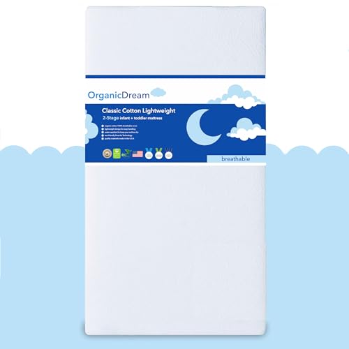 ORGANICDREAM Crib Mattress + Toddler Bed - 100% Breathable Proven to Reduce Suffocation Risk, Hypoallergenic, GREENGUARD Certified - Lightweight 2-Stage Removable Cover - Deluxe 6' Thick - White