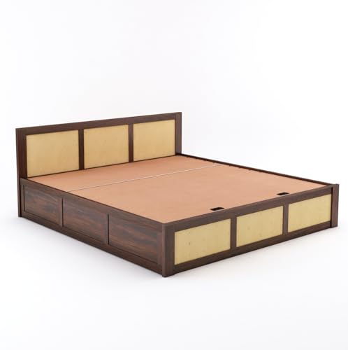 Image of Solid Sheesham Wood Queen Size Bed with Hydraulic Storage Wooden Double Bed Cot Palang Furniture for Bedroom Living Room Home Furniture (Walnut Finish) | 1 Year Warranty
