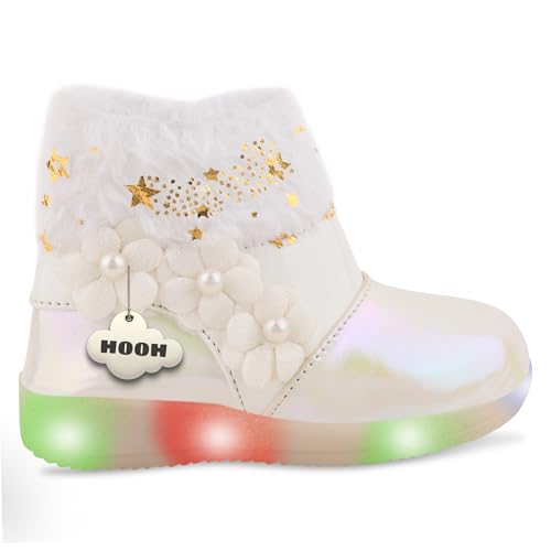 Image of Hooh Kids Girls LED Light Up Shoes Cum Boots with Faux Fur Trim and Flower Applique for 0 Months to 12 Years (for Greater Than 5 Years Age vs Size Chart in Images)