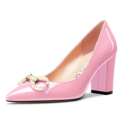 HDEUOLM Women High Chunky Block Heel Pointed Toe Slip-on Pumps Wedding Office 3.3 Inches Heels