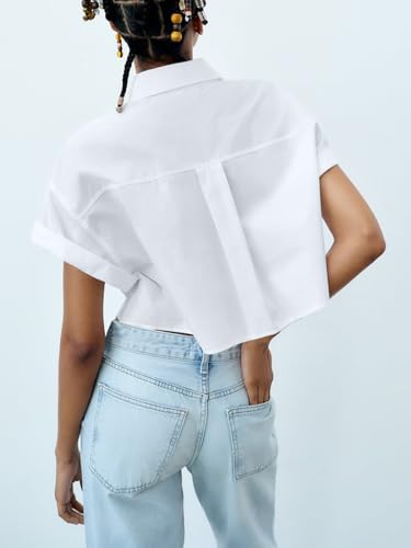Tankaneo Womens Button Down Shirts Cropped Short Sleeve Casual Crop Tops Blouses with Pockets2