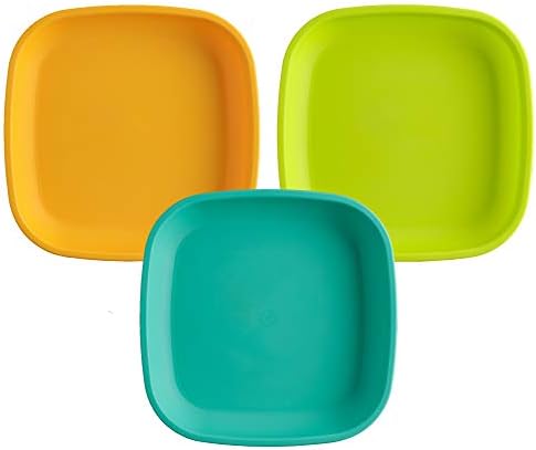 Re Play Made in USA 3pk - 7.37" Plates with Deep Sides for Easy Baby, Toddler, Child Feeding - Aqua, Lime Green, Sunny Yellow (Aqua Asst. Collection) Eco Friendly Heavyweight Recycled Polypropylene