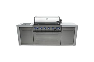 Mont Alpi MAi805-D 44-Inch 6-Burner 115000 BTU Stainless Steel Outdoor Kitchen Bar Island Barbecue Gas Grill w/Ceramic Infrared Rear & Side Burner + Granite Countertops + Storage Cabinets & Wheels