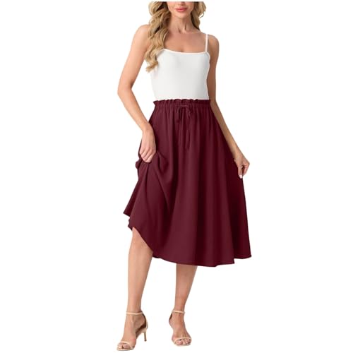 Women's Summer Casual Skirt Drawstring Elastic High Waisted Dress Ruffle Trendy Lightweight Flowy Beach Midi Skirts