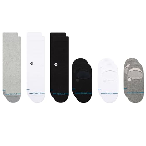Stance Icon Crew + No Show 6-Pack Bundle, White Black Gray, Cotton Blend and Cushioning Arch Support, Large