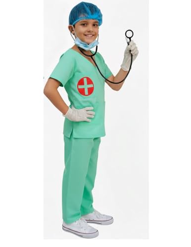 Image of BookMyCostume Surgeon Doctor Dress for Kids 7-Pc Costume - Complete Medical Uniform Set with Stethoscope, Mask, Cap, Syringe & Gloves | Perfect for School Fancy Dress Competition Role Play 6-7 Years