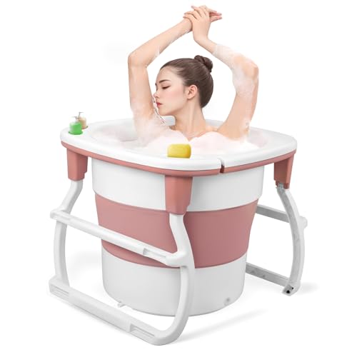 Makamsui Vasca da bagno portatile per adulti, piccola vasca pieghevole da 78,7 cm con staffa, vasca pieghevole autoportante, vasca da bagno pieghevole senza sforzo per bagno caldo bagno di ghiaccio,