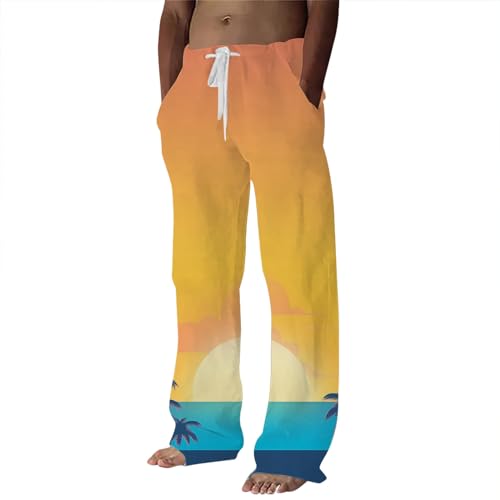 Generic Mens Linen Pants Beach Hawaii Print Casual Summer Casual Pants Elastic Waist Drawstring Baggy Trousers with Pockets, X-Large, #B5 Yellow