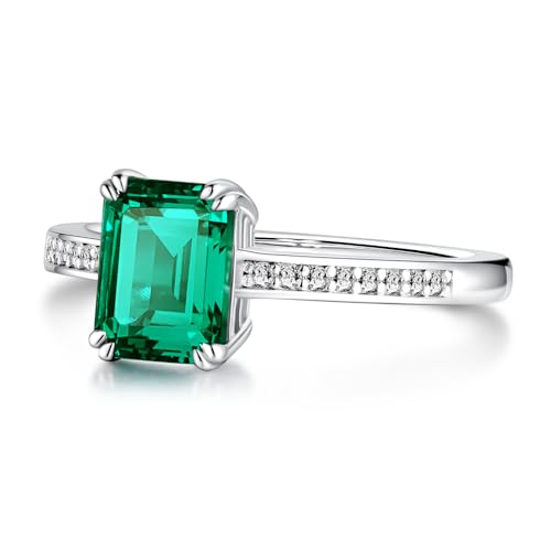 MSBLUE 2ct Lab Grown Emerald Ring, Sterling Silver with 14K White Gold Vermeil, Rhodium Finished, Petite Micropavé with Moissanite, Gift for Women2
