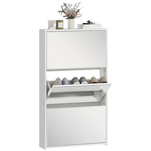 HOMCOM Zapatero Estrecho 3 Puertas con Espejo, Zapatero Entrada Recibidor, para 9 Pares de Zapatos, para Pasillo, Espacios Reducidos, 65x17x114,5 cm, Blanco