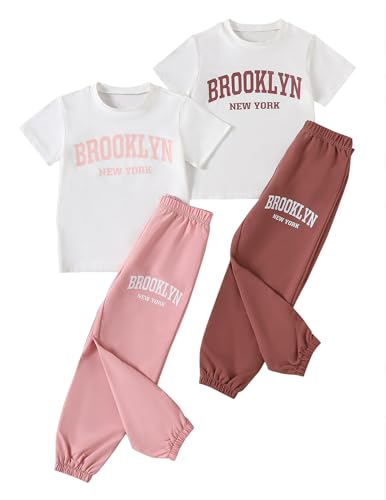 Image of Girls 6 Piece Outfits Casual Cargo Jogger Pants and Basic Love Graphic Print Short Sleeve Top Set 4-12 Years