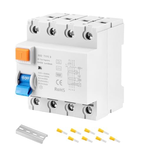 FI Schutzschalter,FI Typ B 40A/63A 4 Polig 30mA Allstromsensitiv RCD für Wallbox Ladestation Photovoltaik Wechselrichter DIN Hutschiene mit DC Fehlerschutz EN61008 (63A)