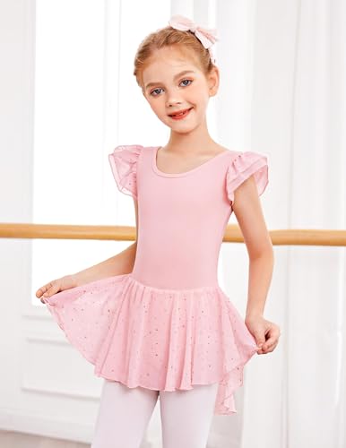 Image of Arshiner Girls Shiny Ruffle Sleeve Ballet Leotard with Skirt Criss-Cross Back Dance Dresses