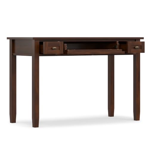 Image of SIMPLIHOME Warm Shaker 48 inch Wide Solid Wood Writing Desk in Distressed Grey | Transitional desk with a keyboard tray and 2 drawers; writing desk, computer desk or home office desk for living room.