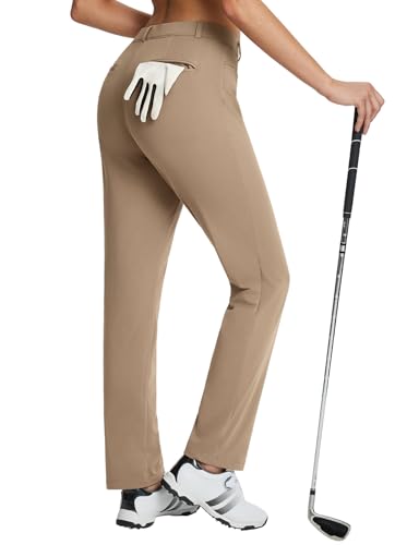 Baleaf Women'S Fleece Lined Golf Pants Zipper Pockets Winter Water Resistant Travel Work Casual Brown L