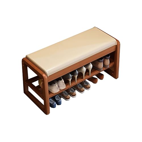 Zapatero de madera de teca con cojín de 1 nivel, zapatero, banco de almacenamiento para sala de estar y pasillo, elegante zapato (80 x 34 x 42 cm)