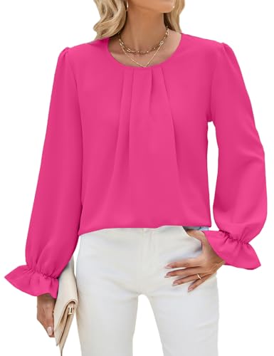 Blusas de Gasa para Mujer con Cuello Redondo Plisado - Manga Larga con Volantes Blusas y Camisas para Mujer Elegantes y Casuales Blusas Tipo Túnica