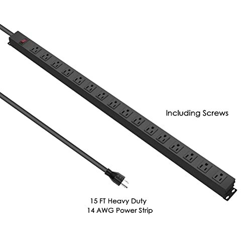 Regleta de alimentación metálica para montaje en pared HHSOET, 16 tomas, cable de extensión de 15 pies (14 AWG), 15 A, 125 V, 1875 W, color negro | Resistente, con espaciado amplio entre tomas, para escritorio, garaje y taller miniatura 4