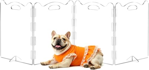 Clear Acrylic Freestanding Dog Gates 4 Panel - 80W x 24H Foldable Pet Gate with Upgraded Hinges & Stable Support Feet for Indoor Doorways Stairs and Halls Pet Barrier for Small Dogs Cats