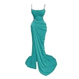 Memphty Women's Spaghtti Straps Beaded Prom Dresses 2025 Satin Mermaid Slit Long Formal Evening Party Gowns Turquoise
