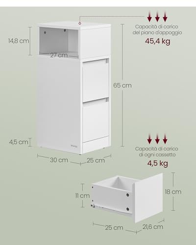 VASAGLE KAILYN Collezione - Comodino Stretto, Tavolino con 2 Cassetti e Scomparto verso Sinistra o Destra, per Camera da Letto, Soggiorno, Moderno, Bianco Nuvola LET656W01 - Immagine 2