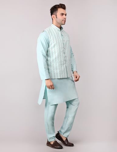 Image of Men's Cotton Silk Blend Regular Kurta Pyjama, Embroidered Nehru Jacket /Waistcoat Set