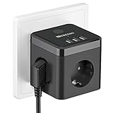 Steckdosenwürfel mit USB, 6 in 1 Mehrfachsteckdose Ohne Kabel (2400W/10A) mit Schalter, 3 Fach Steckdose, Mehrfachstecker Dreifachstecke ohne Kabel mit 3 USB (5V/3.1A) für Büro, Zuhause, Schwarz