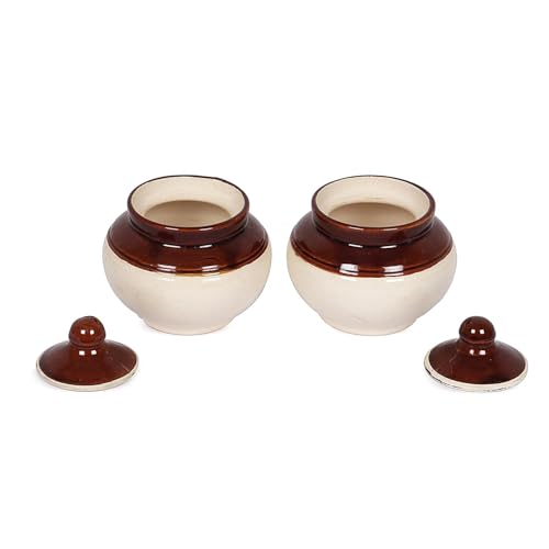 Image of QIMACPLUS Handcrafted Ceramic Pickle Jar Set with Lids - Achar Barni | Achar Ki Barni | Containers for Pickle, Spices, Chutney, and Sauces Storage (Pack of 2-250ml)