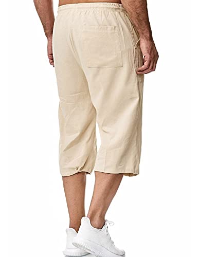 Hangnifang Men's Long Linen Shorts Below Knee Pocketed 3/4 Summer Drawstring Capri Pant(0131-Khaki-Xl) #TOP3