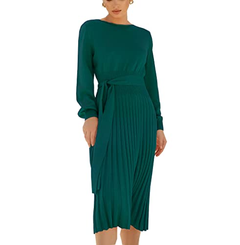 JMSUN Suéter feminino Vestido elegante plissado plissado suéter midi com cinto manga longa gola care
