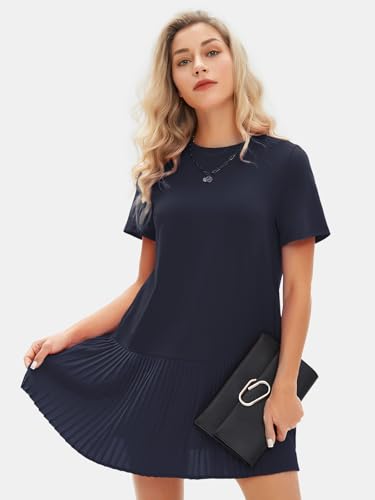 Image of EXLURA Womens Summer Casual Short Sleeve Dress Crewneck Tshirt Dresses Pleated Aline Mini Dress 2025 Vacation Beach Sundress