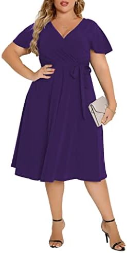 Agmibrelr Women's Plus Size Flutter Sleeve Dress Deep V Neck A-Line Swing Midi Dresses Purple 2XL