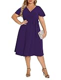 Agmibrelr Women's Plus Size Flutter Sleeve Dress Deep V Neck A-Line Swing Midi Dresses Purple 2XL