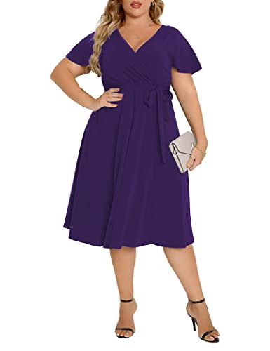 Agmibrelr Women's Plus Size Flutter Sleeve Dress Deep V Neck A-Line Swing Midi Dresses Purple 2Xl #TOP3