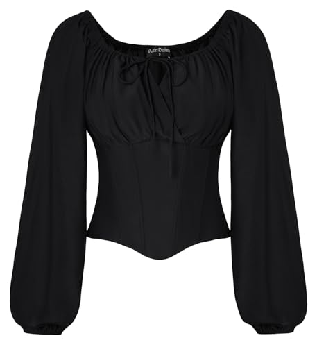 Scarlet Darkness Corset Top for Women Crewneck Long Sleeve Renaissance Shirt Goth Pirate Tops Black S
