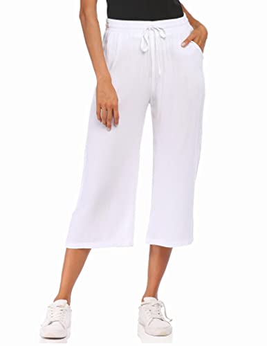 Wildtrest Womens Capris Pants Loose Yoga Pants Wide Leg Crop Pants Drawstring Lounge Pajama Capris Sweatpants with Pockets White