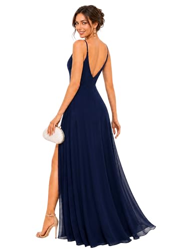 Image of Ever-Pretty Women's Summer Backless Spaghetti Straps Bridesmaid Dresses Chiffon V-Neck Slit Long Formal Wedding Guest Dress