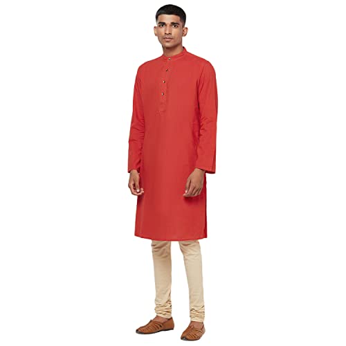 Fabindia Men's Cotton Embroidered Comfort Kurta_Rust_S