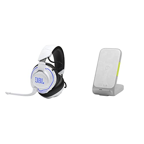 Image of JBL Quantum 910P Wireless - Gaming Headset for PlayStation (White) and InfinityLab InstantStation Wireless Stand 33W PD USB-C and USB-A Compact Fast Charging Wireless Charger (White)