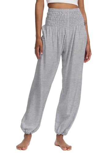 Femmes Yoga Sarouel Baggy Pantalons Taille Haute avec Poche Fitness Pantalons Coton Lâche Workout Gris Clair S