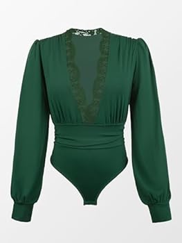 CUPSHE Bodysuit voor dames, diepe V-hals, kanten afwerking, lange mouwen, ruches, casual shirt met lange mouwen, overall, blousebody, top, blauw, S