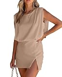 Wihion Women's Sleeveless Bodycon Mini Dresses Side Split Ruched Dresses Padded Shoulder Short Dress
